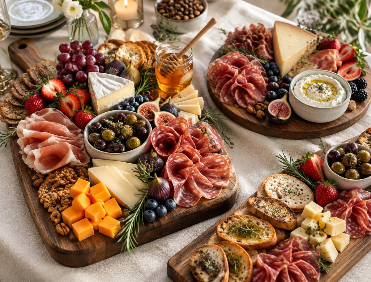 Charcuterie arranged across wooden serving boards — folded cured meats, cheese wedges, strawberries, figs, olives, nuts, honey and crackers