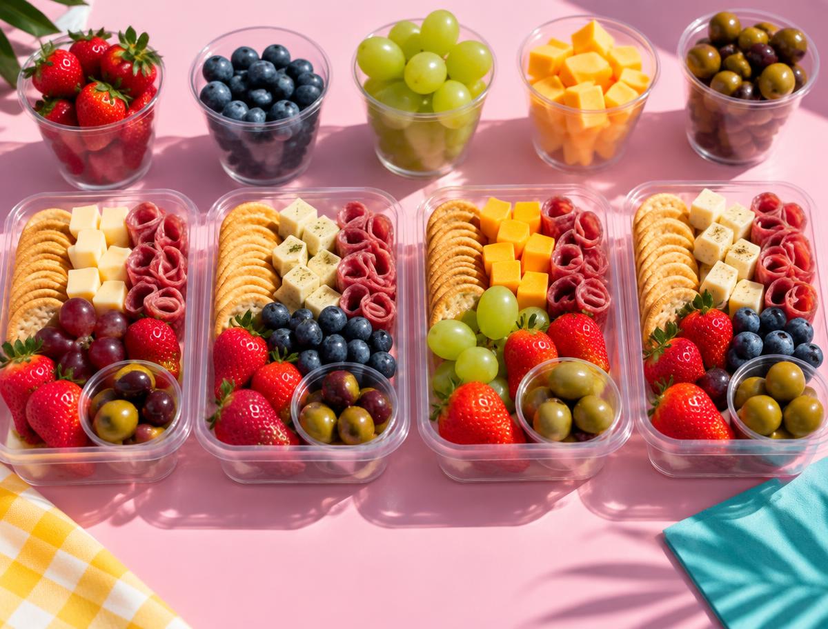 Overhead flat-lay of individually boxed charcuterie snack boxes with crackers, cheese, salami and strawberries