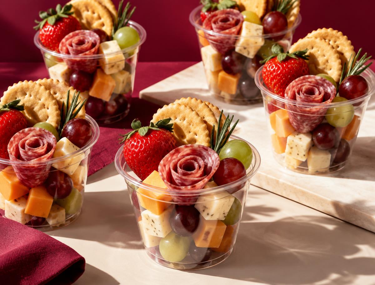 Grab-and-go charcuterie cups filled with rolled salami, cubed cheese, strawberries, grapes and crackers