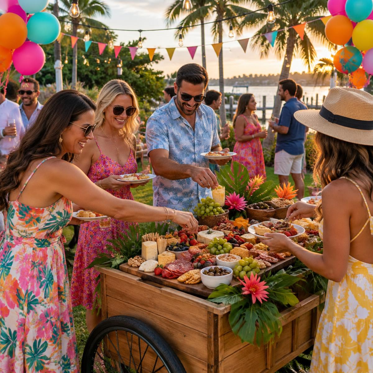 Guests gathered around a grazing cart at an outdoor celebration with balloons and string lights