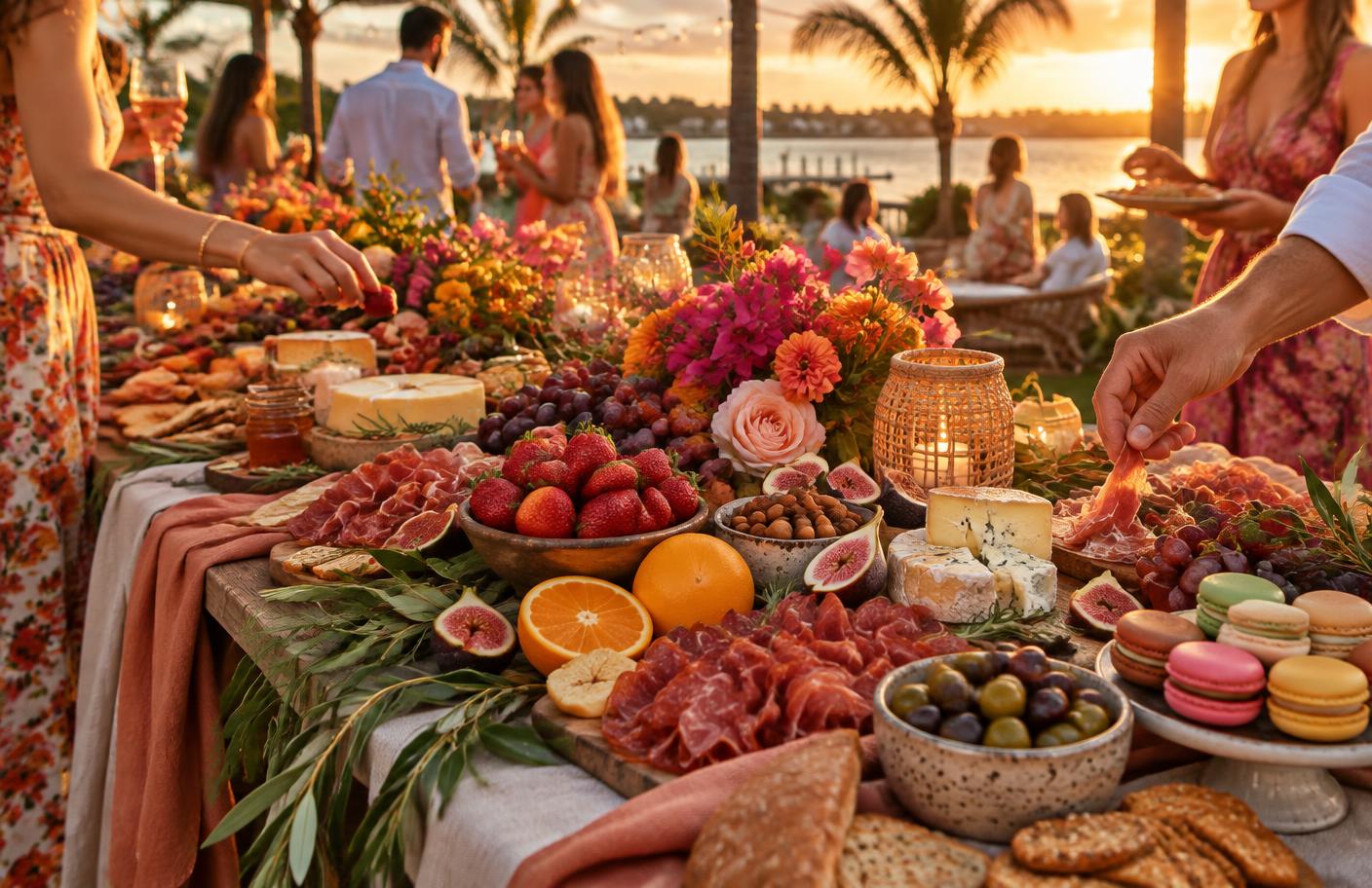 A long grazing spread layered with cured meats, cheeses, fruit, nuts and crackers along a table